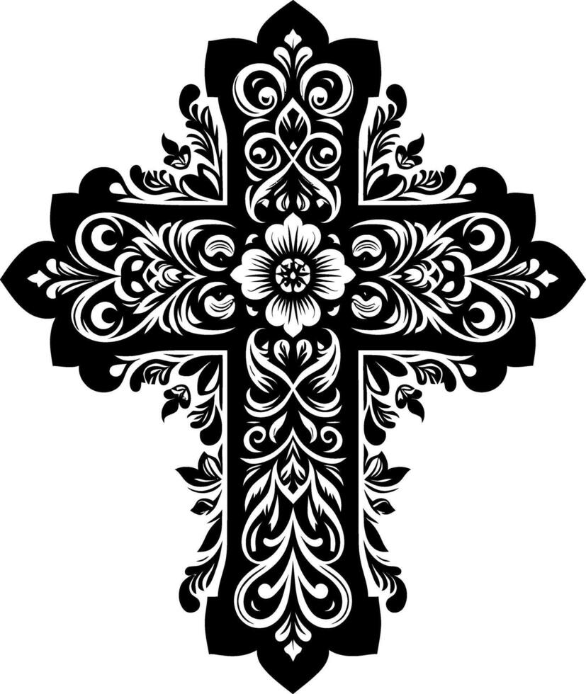 Cross decorative Floral design Silhouette Motif Pattern, Holy cross with Flower design elements sihloette pattern black and white vector