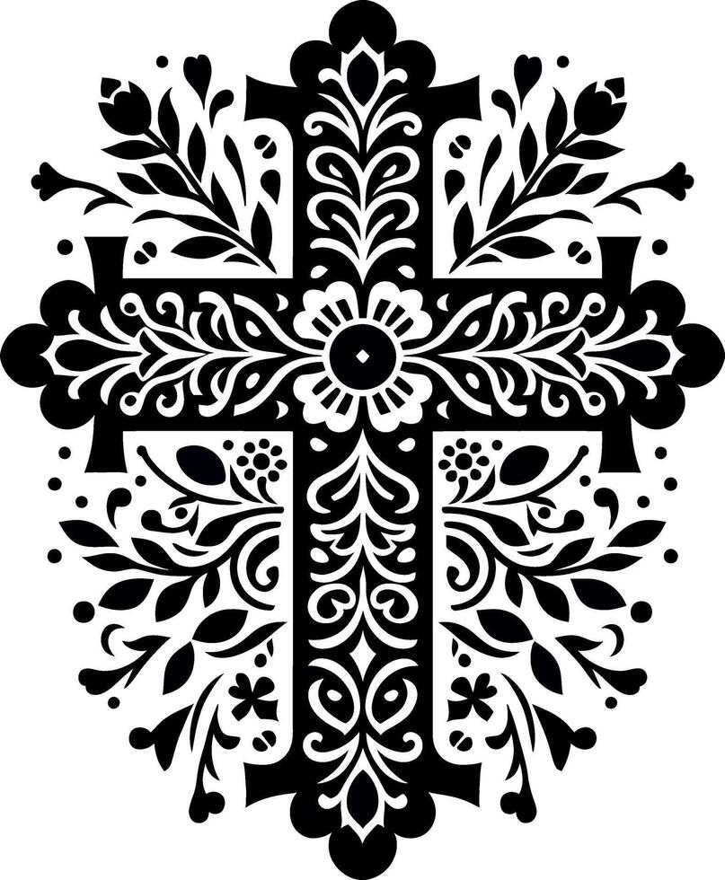 Cross decorative Floral design Silhouette Motif Pattern, Holy cross with Flower design elements sihloette pattern black and white vector