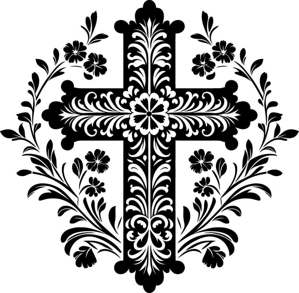 Cross decorative Floral design Silhouette Motif Pattern, Holy cross with Flower design elements sihloette pattern black and white vector