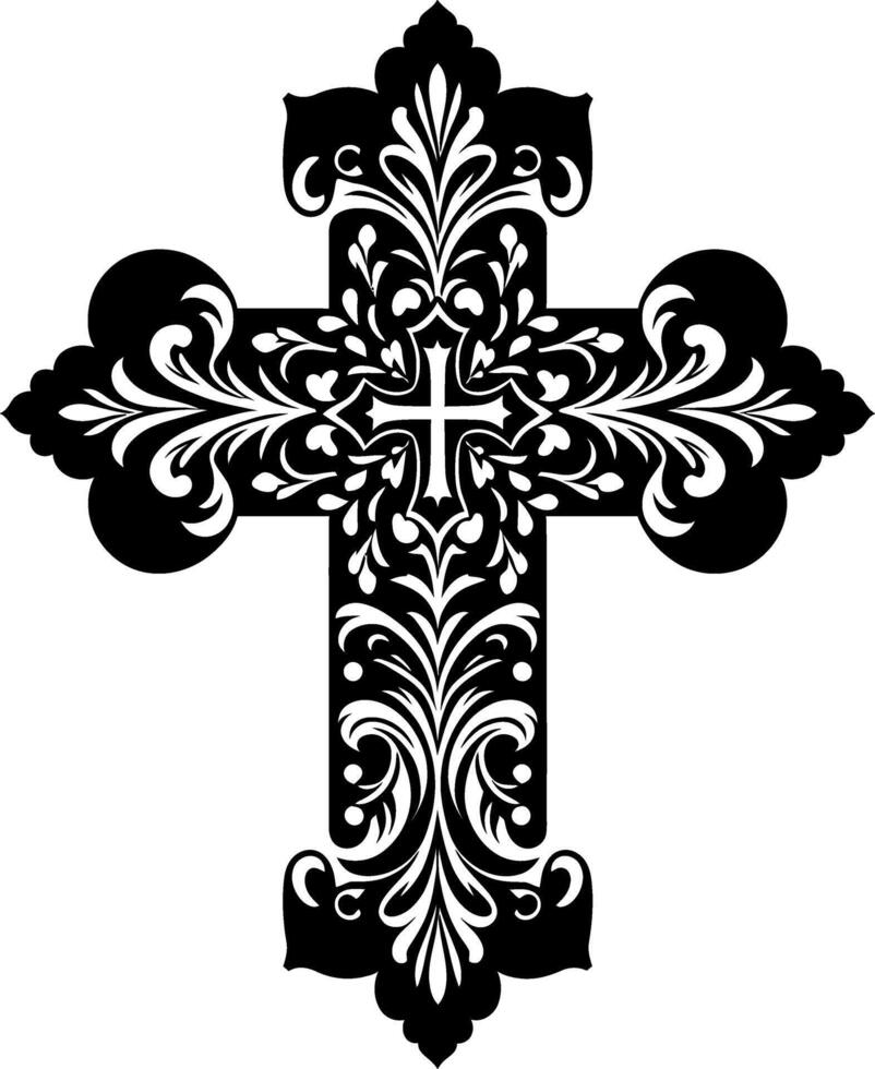 Cross decorative Floral design Silhouette Motif Pattern, Holy cross with Flower design elements sihloette pattern black and white vector