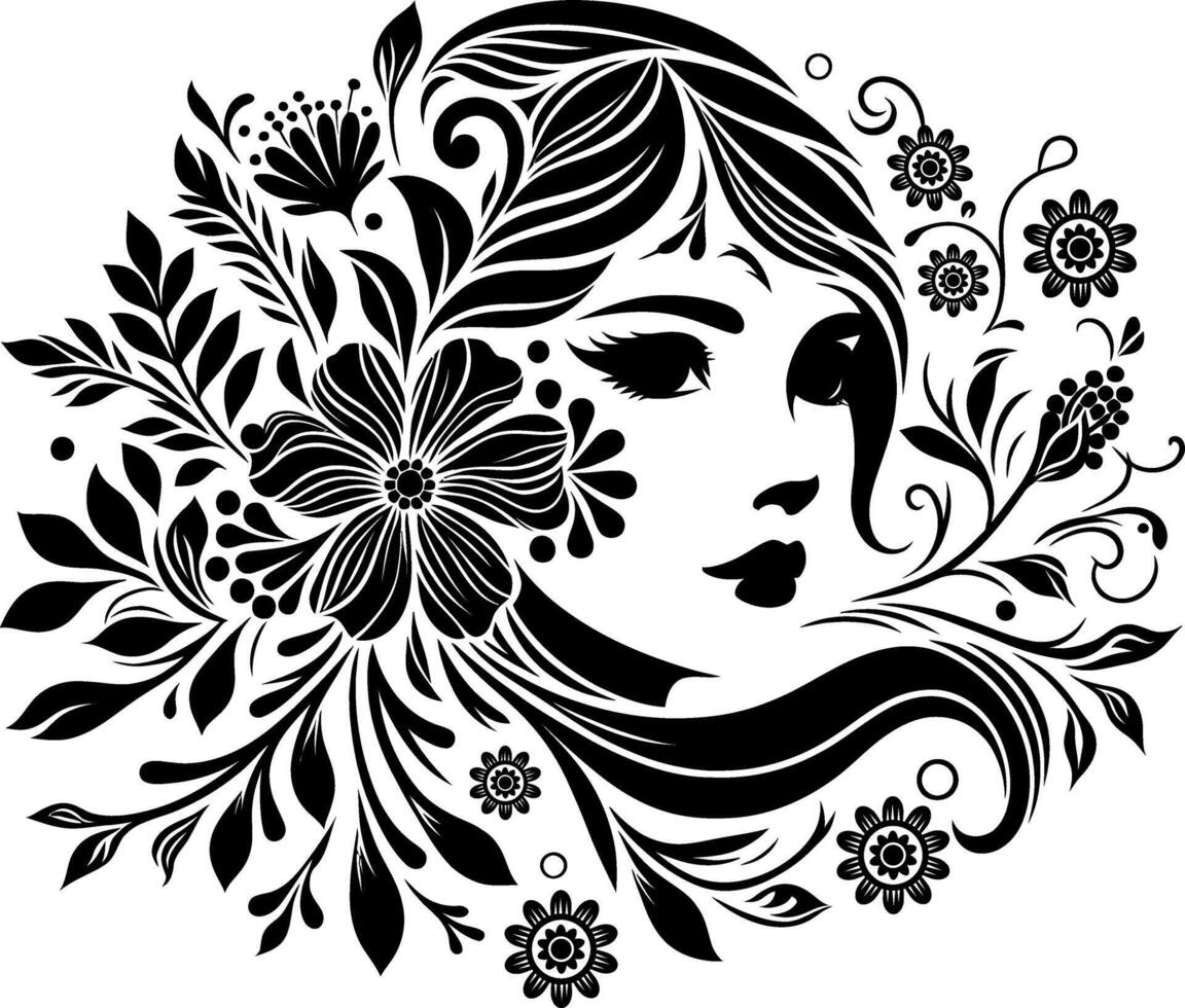 girl face with decorative Floral design Silhouette Motif Pattern, girl face with Flower design elements silhouette pattern black and white vector