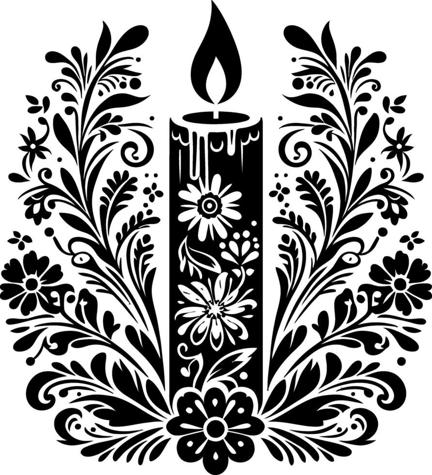 candle with Floral design Silhouette Motif Pattern, candle Flower design elements silhouette pattern black and white vector