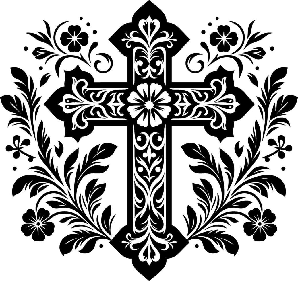Cross decorative Floral design Silhouette Motif Pattern, Holy cross with Flower design elements sihloette pattern black and white vector