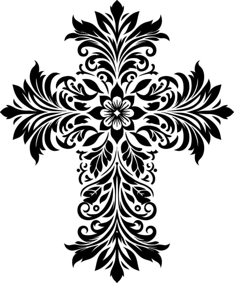 Cross decorative Floral design Silhouette Motif Pattern, Holy cross with Flower design elements sihloette pattern black and white vector
