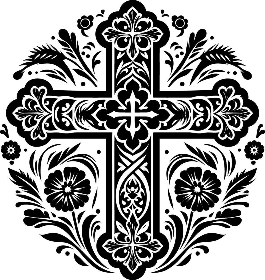 Cross decorative Floral design Silhouette Motif Pattern, Holy cross with Flower design elements silhouette pattern black and white vector