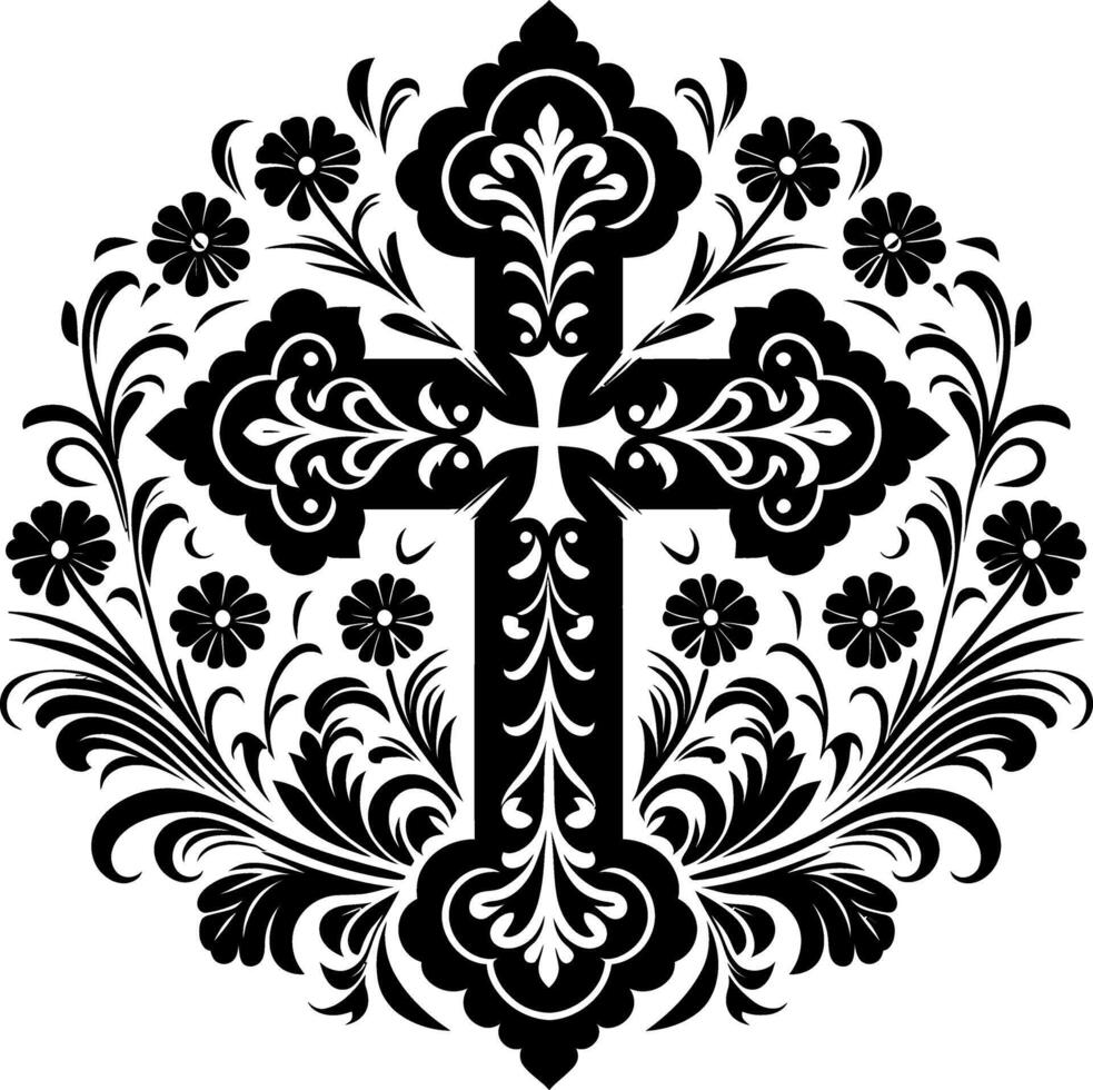 Cross decorative Floral design Silhouette Motif Pattern, Holy cross with Flower design elements sihloette pattern black and white vector