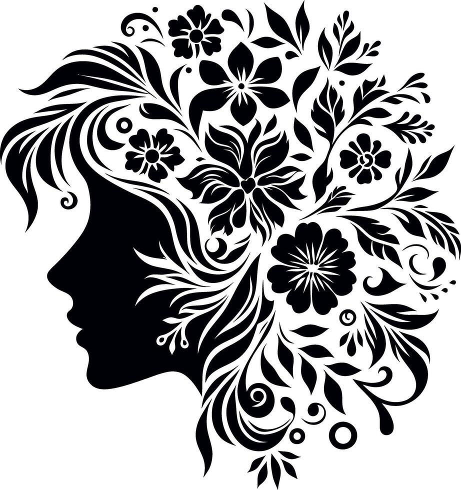 girl face with decorative Floral design Silhouette Motif Pattern, girl face with Flower design elements silhouette pattern black and white vector