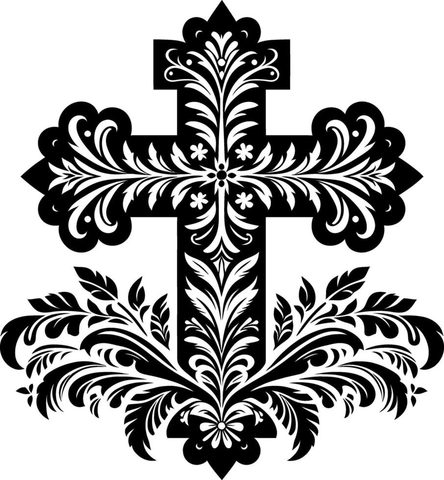 Cross decorative Floral design Silhouette Motif Pattern, Holy cross with Flower design elements sihloette pattern black and white vector