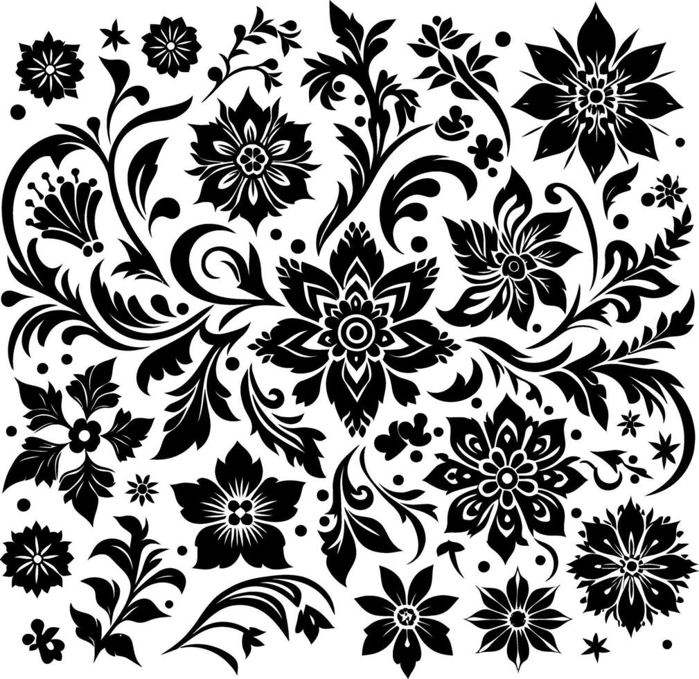 decorative Floral design Silhouette Motif Pattern, Flower design elements silhouette pattern black and white vector