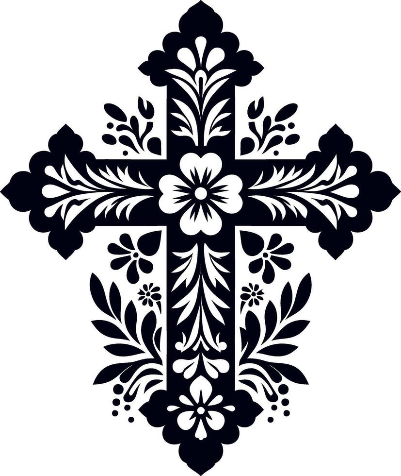Cross decorative Floral design Silhouette Motif Pattern, Holy cross with Flower design elements silhouette pattern black and white vector