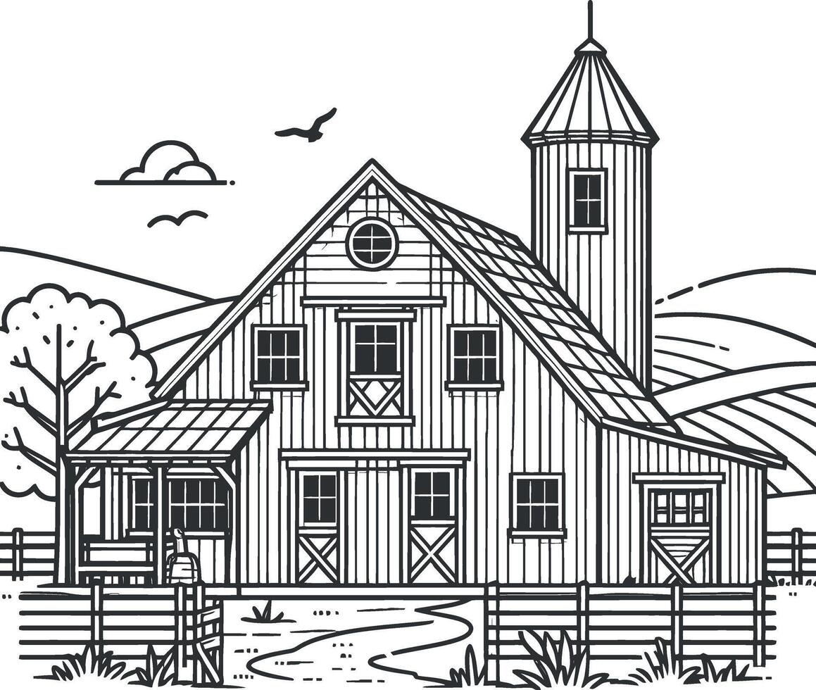 farmhouse line art vect silhouette for coloring book on a white background, farmhouse illustration line art for coloring page vector