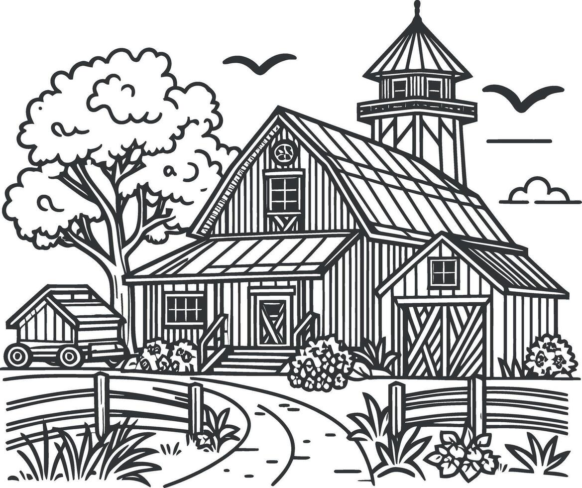 farmhouse line art vect silhouette for coloring book on a white background, farmhouse illustration line art for coloring page vector