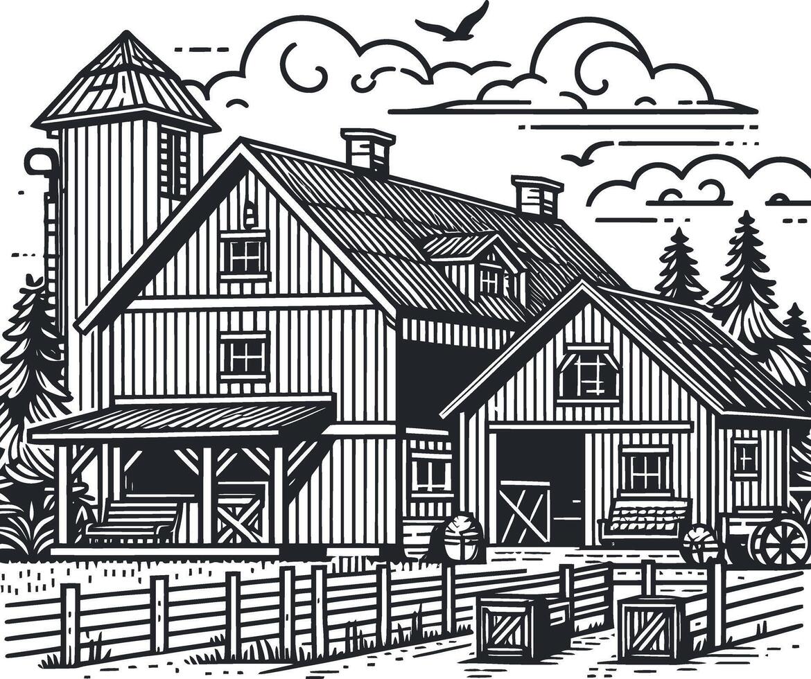 farmhouse line art vect silhouette for coloring book on a white background, farmhouse illustration line art for coloring page vector