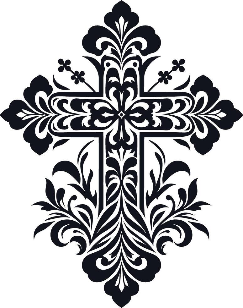 Cross decorative Floral design Silhouette Motif Pattern, Holy cross with Flower design elements silhouette pattern black and white vector