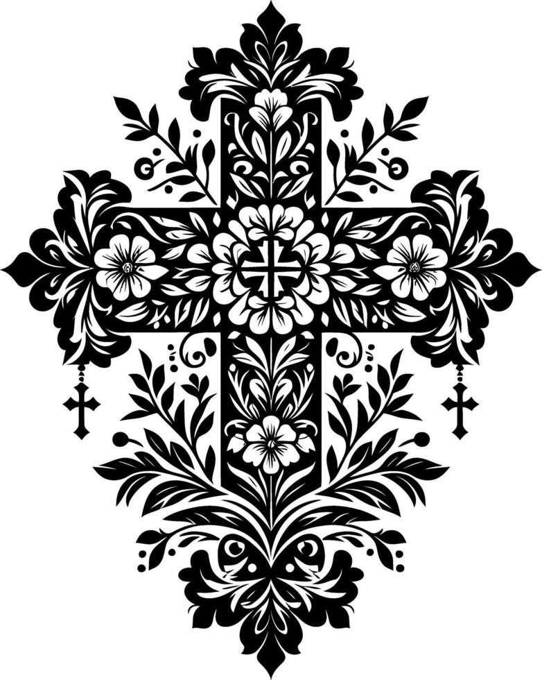 Cross decorative Floral design Silhouette Motif Pattern, Holy cross with Flower design elements silhouette pattern black and white vector