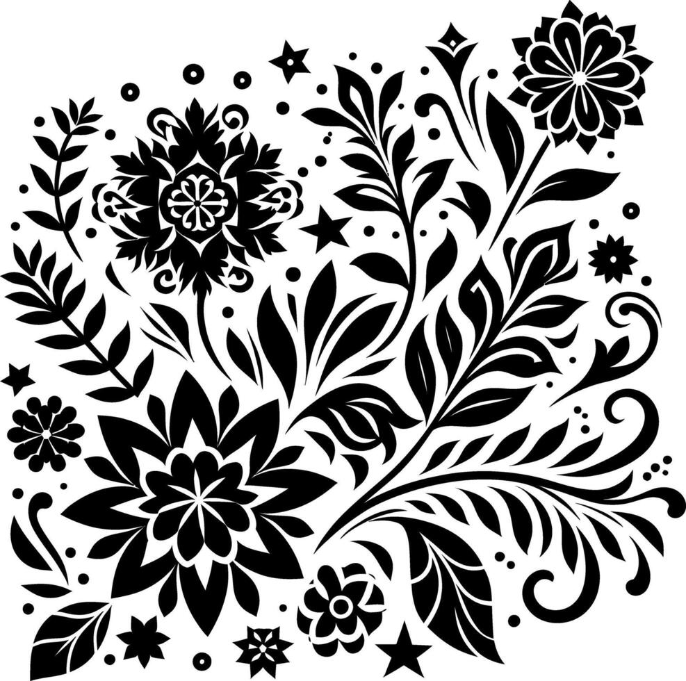 decorative Floral design Silhouette Motif Pattern, Flower design elements silhouette pattern black and white, decorative Botanical Flourish Silhouette pattern illustration vector