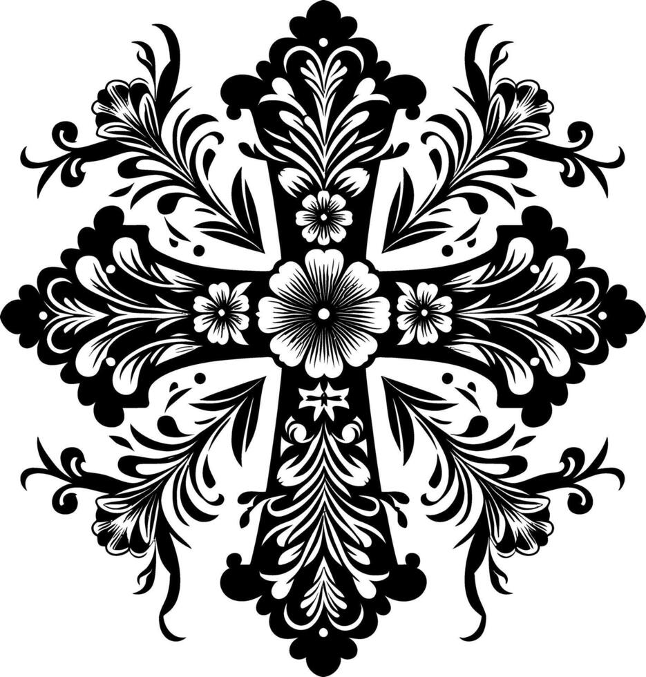 Cross decorative Floral design Silhouette Motif Pattern, Holy cross with Flower design elements silhouette pattern black and white vector