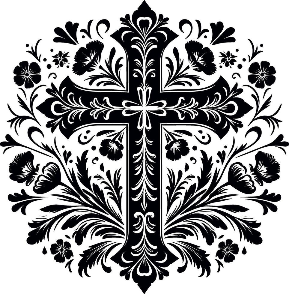 Cross decorative Floral design Silhouette Motif Pattern, Holy cross with Flower design elements silhouette pattern black and white vector