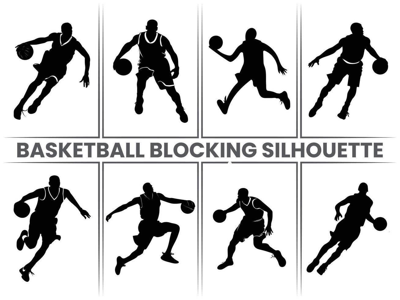 A silhouette of a man playing basketball, blocking an opponent during a game. Basketball players running and practicing, preparing for a soccer tournament. Basketball blocking silhouettes. vector