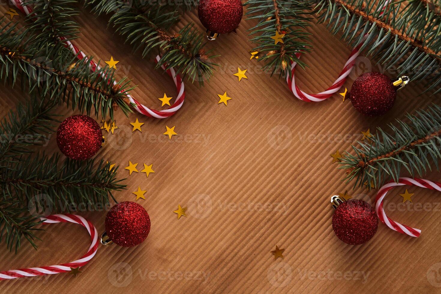 Abstract Christmas and New Year's background with Christmas tree and red Christmas balls. photo