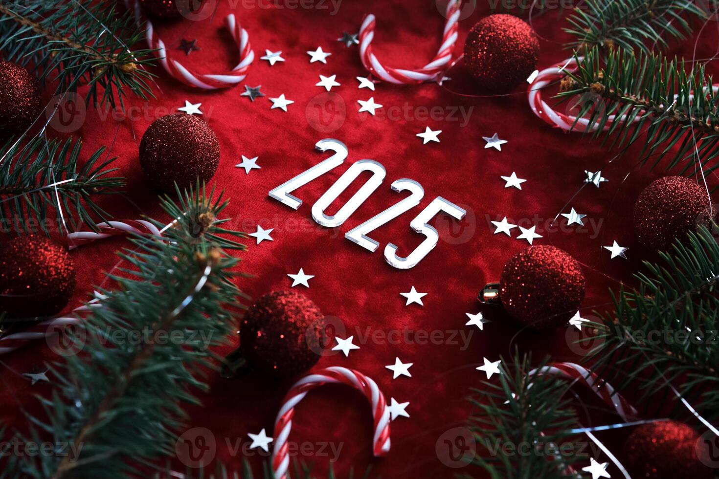 New Year red 2025 background. Number of the coming year in Christmas decoration. photo