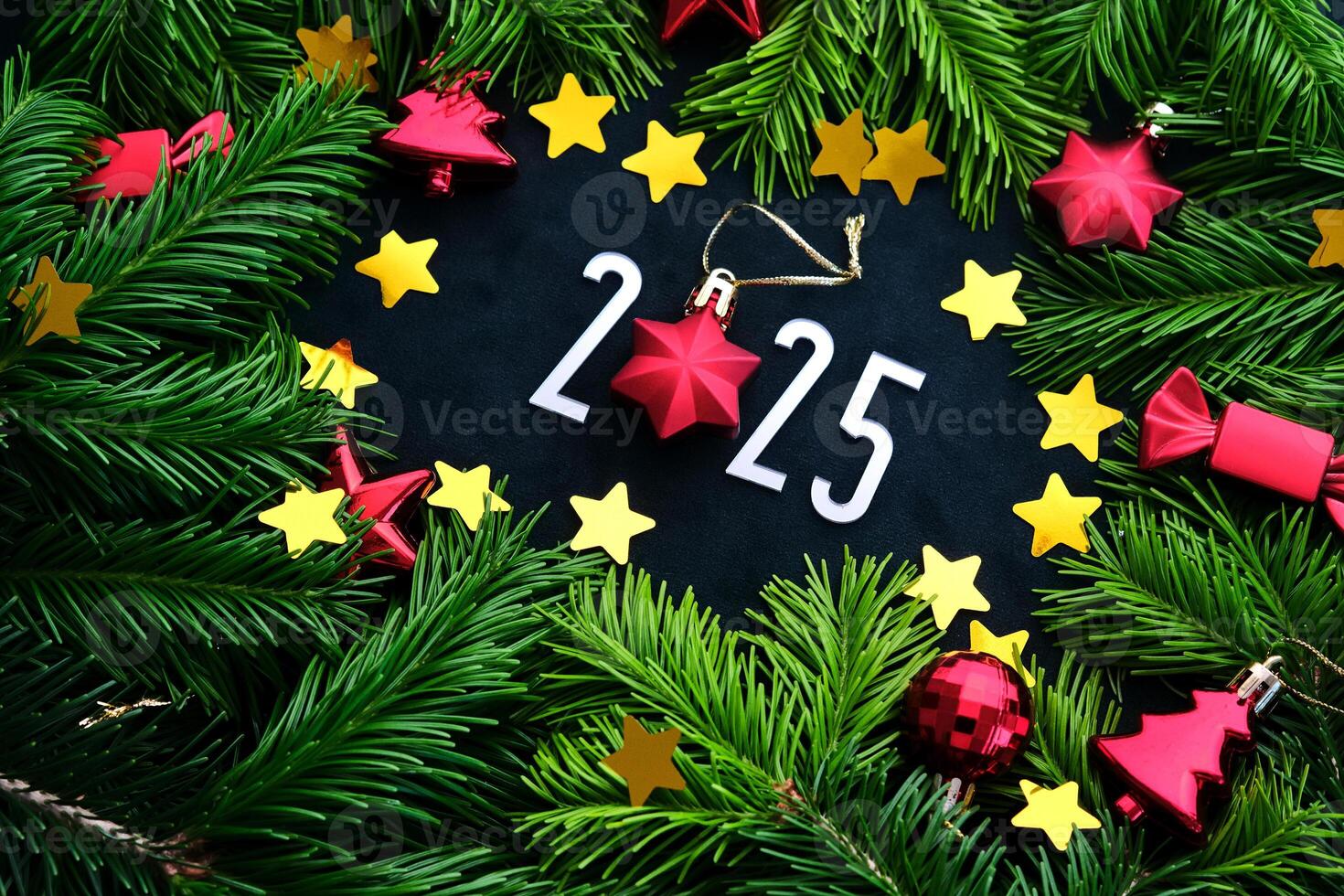 New Year 2025 background. Number of the coming year in Christmas decoration. photo