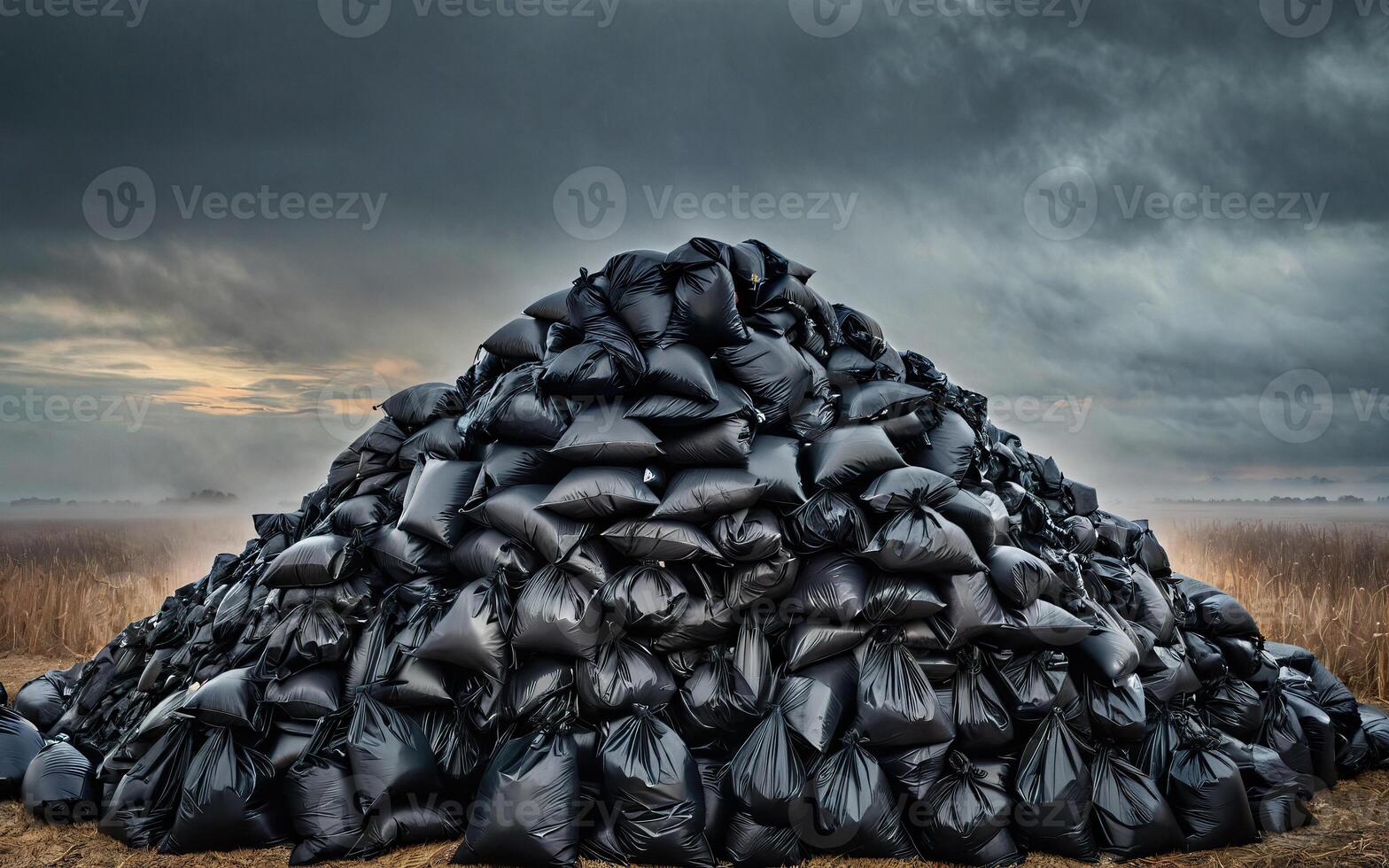 black bags of garbage in a landfill in a field, environmental pollution photo