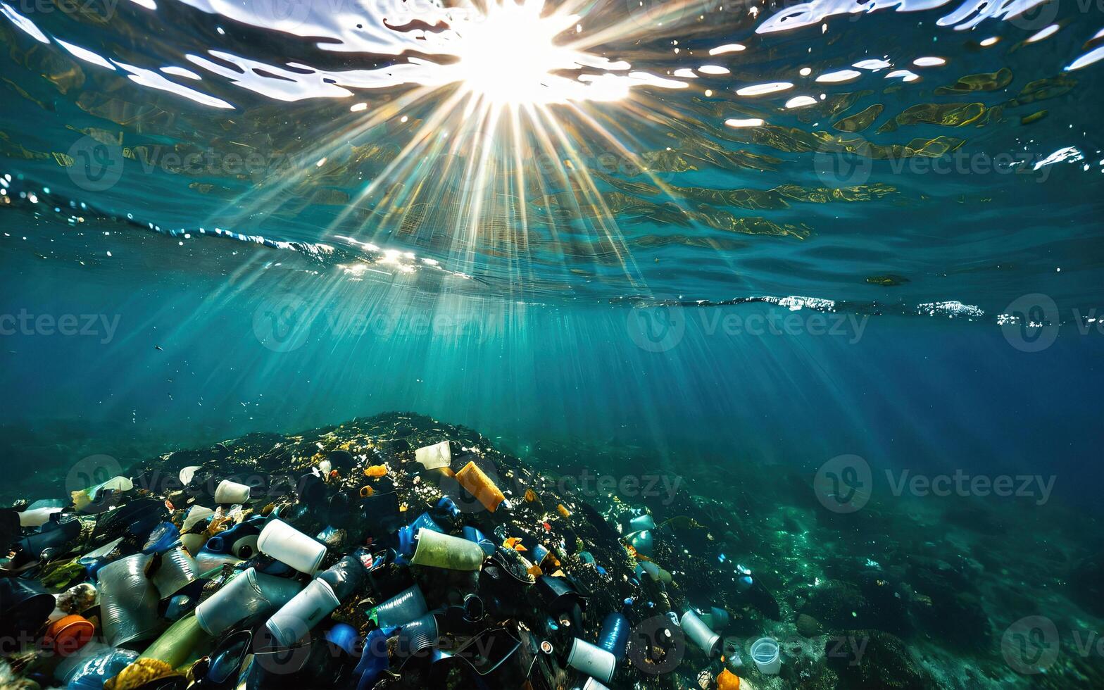 pile of garbage at the bottom of the sea, ocean, environmental pollution, stop plastic photo