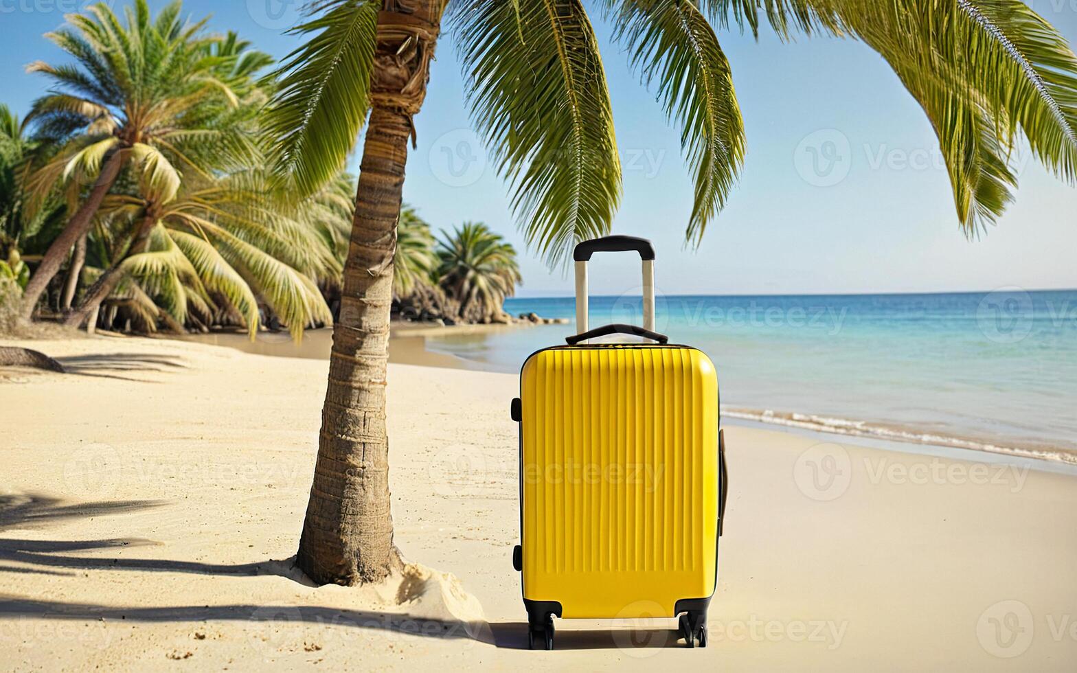 yellow suitcase on the beach under a palm tree, travel, resort, vacation photo