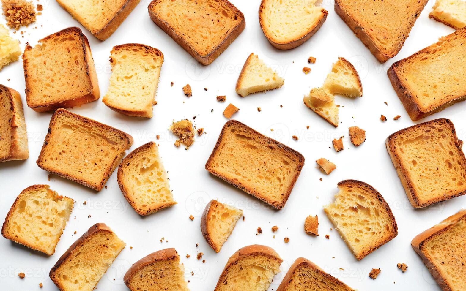 crackers, crumbs toasted white bread croutons on a white background photo