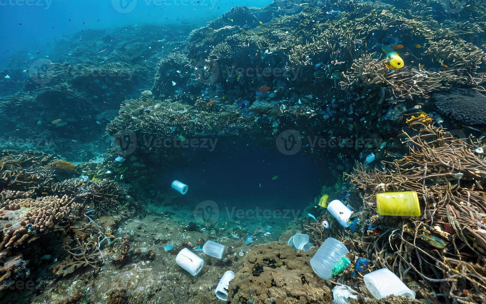 plastic garbage in the ocean in a coral reef, environmental pollution photo