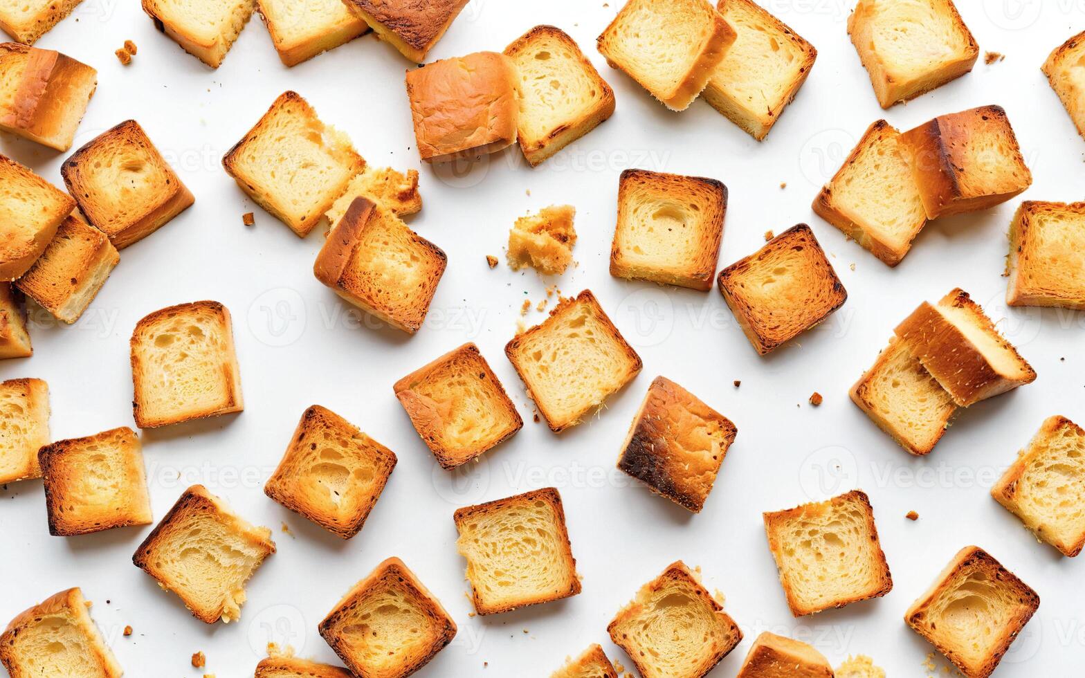 crackers, crumbs toasted white bread croutons on a white background photo