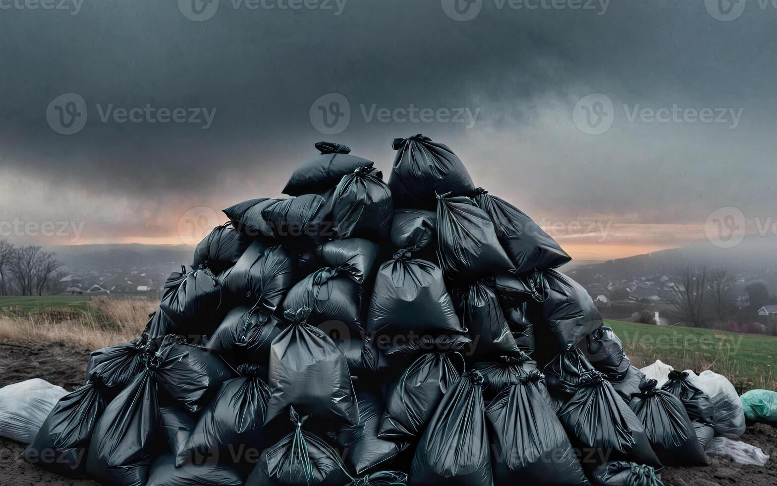 black garbage bags on the background of the city, collected garbage, environmental pollution photo