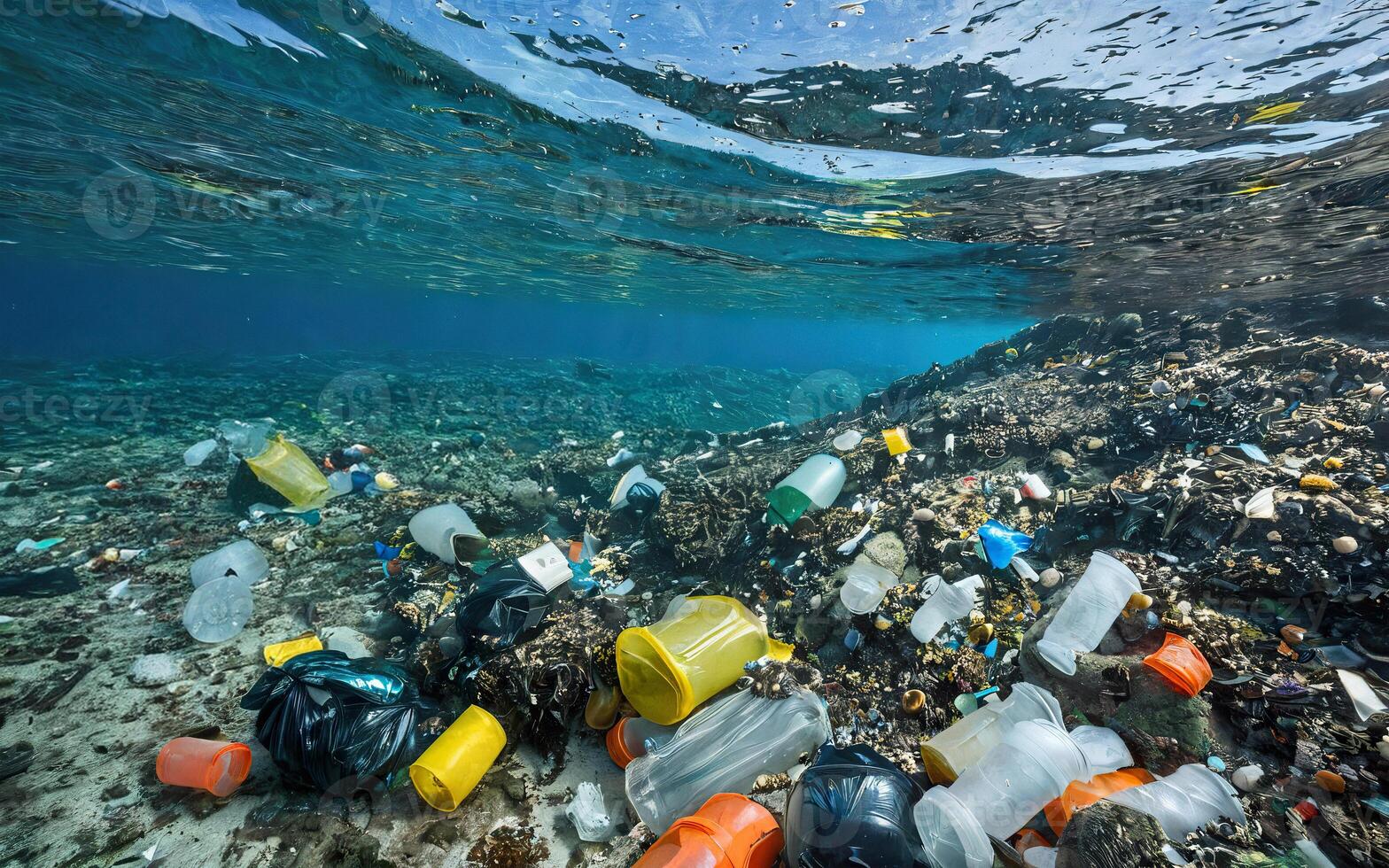 plastic garbage at the bottom of the ocean, environmental pollution photo
