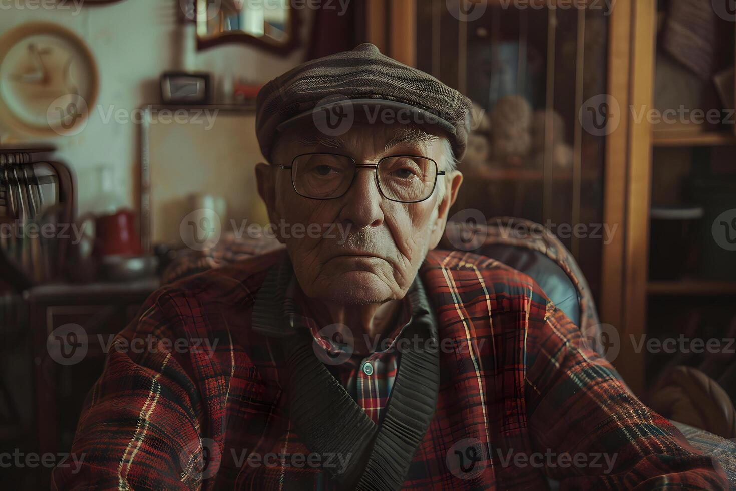 A close-up portrait of a grandpa, looking at the camera photo