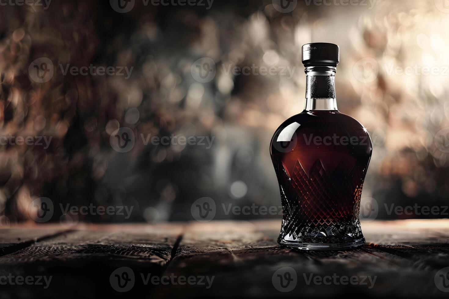 A bottle of aged cognac sits on a rustic wooden table photo