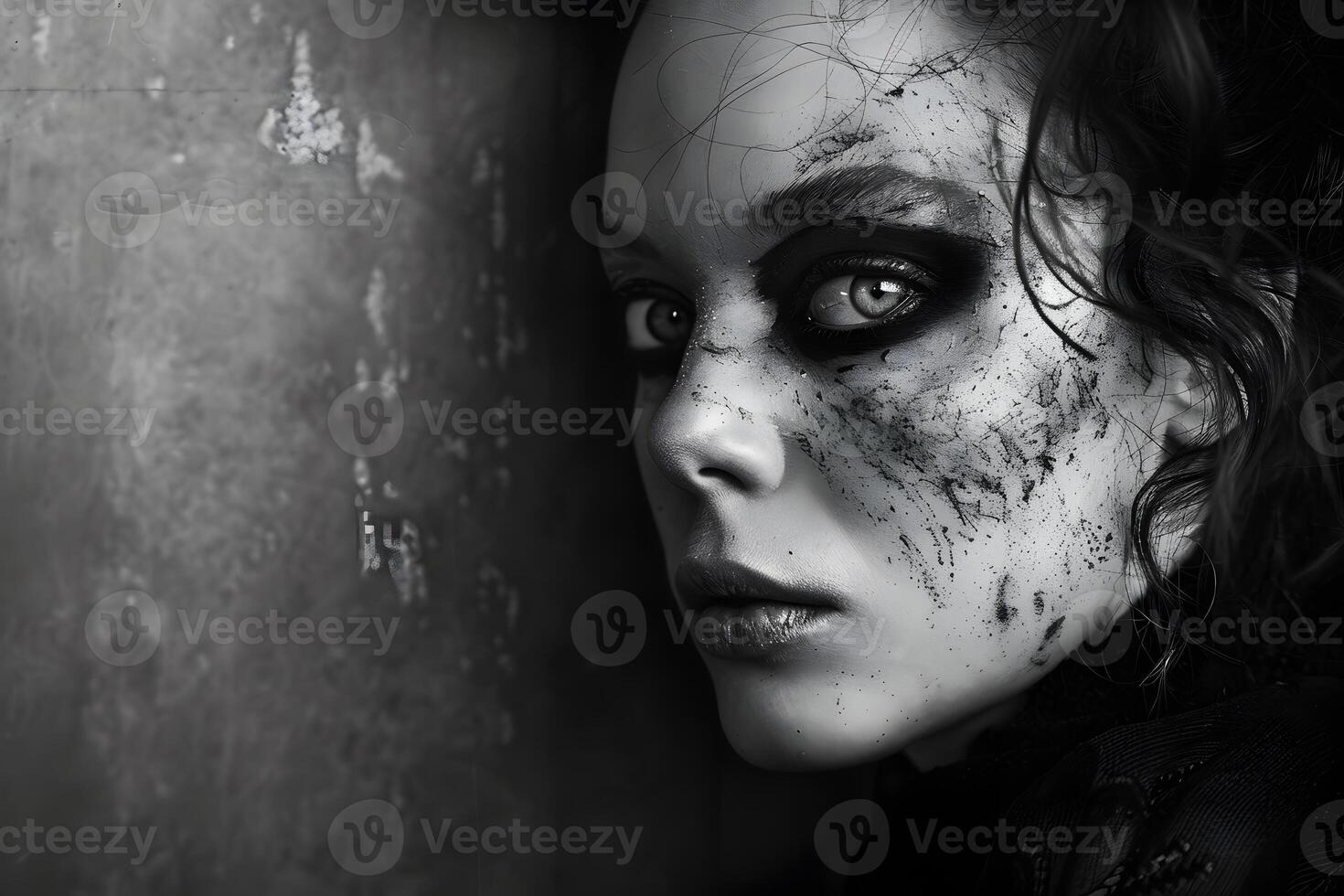 A womans face with dark marks gazes out from the shadows photo
