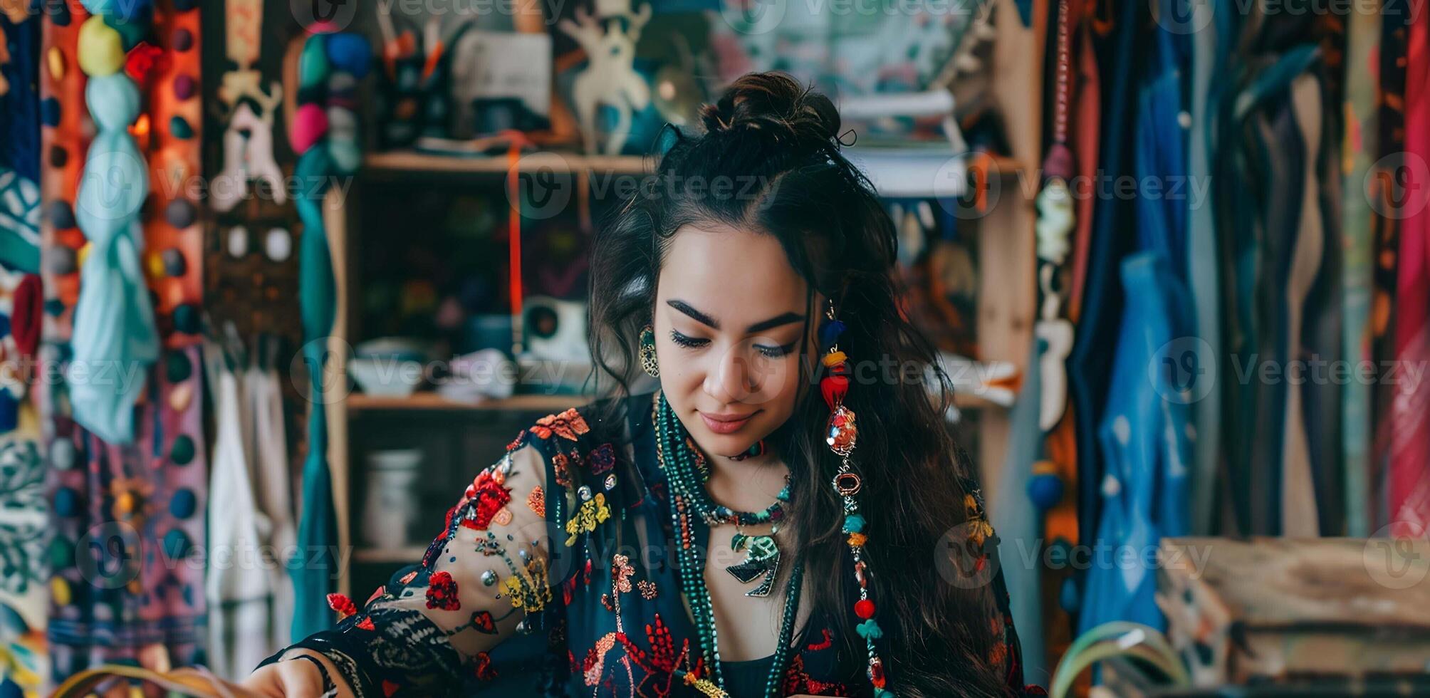 A young woman in a colorful workshop, creating unique accessories photo