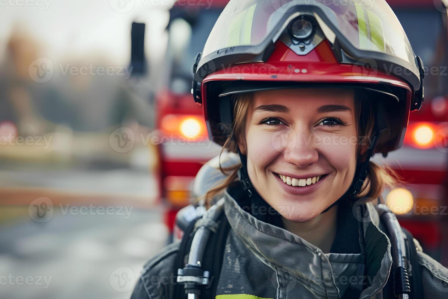 A smiling female firefighter in full gear stands before a fire truck photo