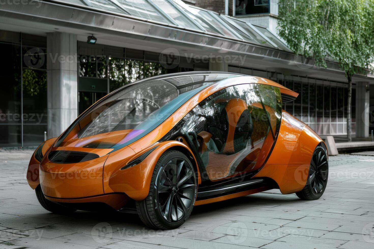 Innovative orange concept car with sleek design and glass doors, parked in a contemporary urban environment. photo