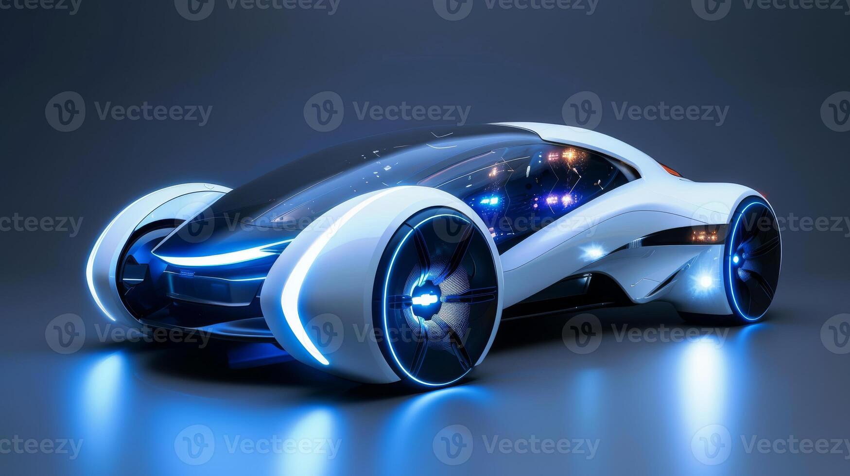 Futuristic concept car with advanced technology, glowing lights, and aerodynamic design on a dark background. photo