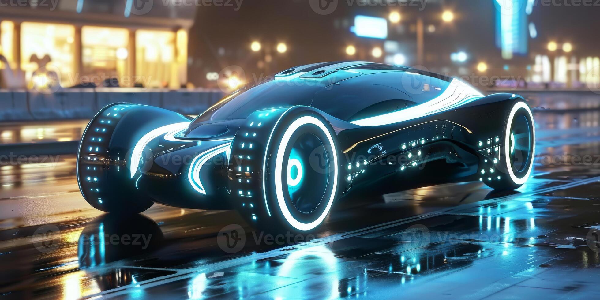 Futuristic hypercar with neon lights races through rainsoaked city at night, showcasing design and technology photo