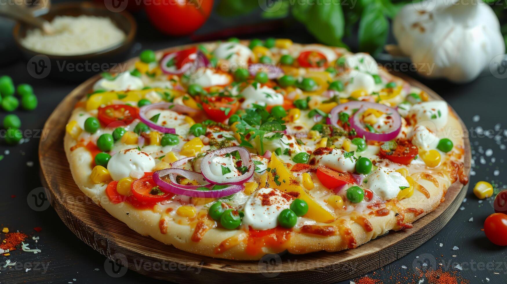 Enjoy the delicious flavors of a vegetarian pizza with fresh tomatoes, onions, and green peas on a crispy crust from a nearby pizzeria. Add basil, herbs, parsley, and spices for an extra kick photo