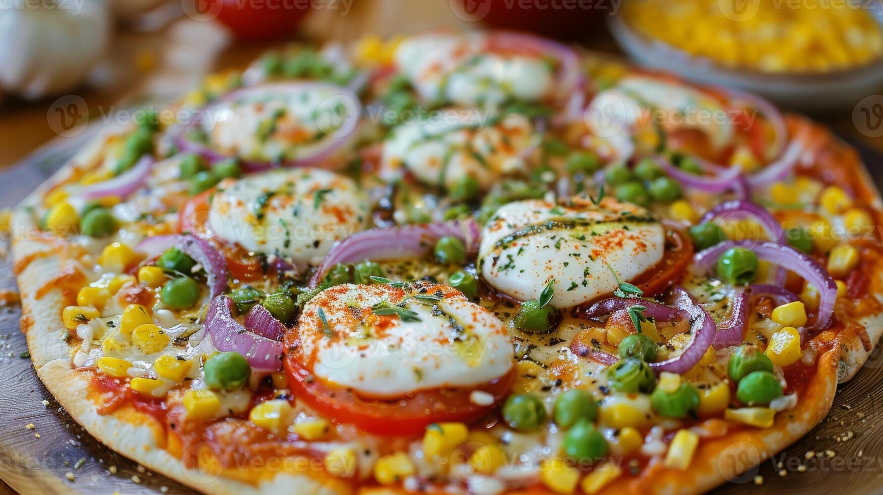 Enjoy the delicious flavors of a vegetarian pizza with fresh tomatoes, onions, and green peas on a crispy crust from a nearby pizzeria. Add basil, herbs, parsley, and spices for an extra kick photo