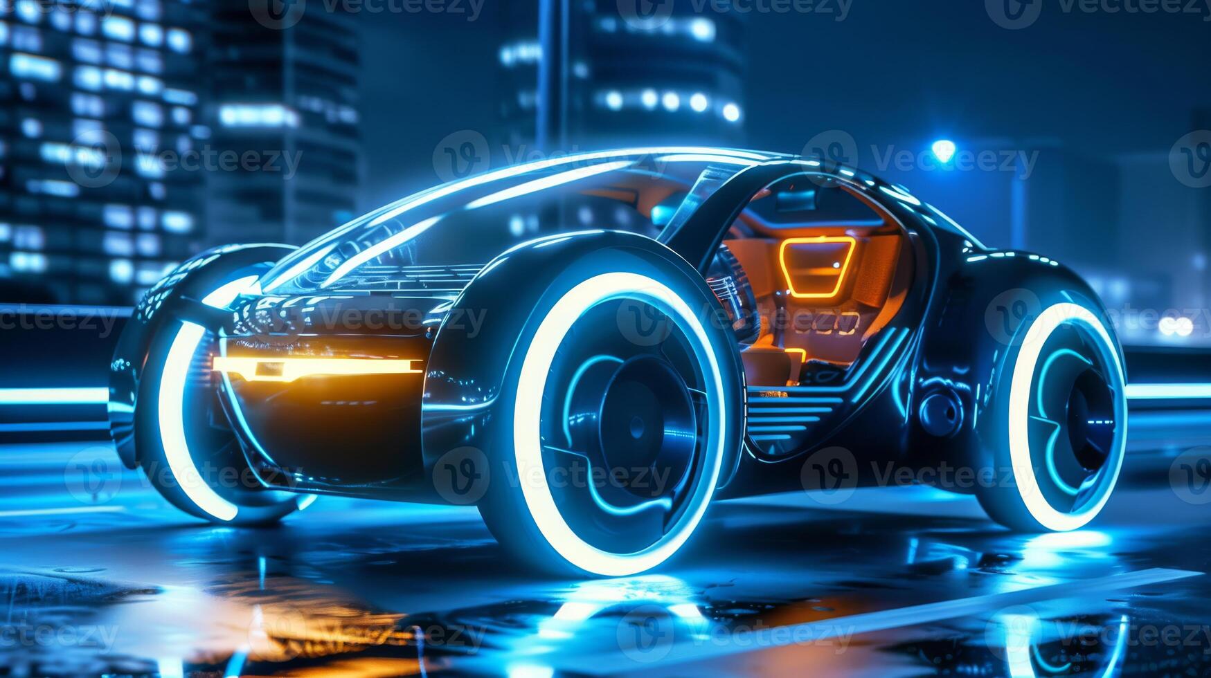 High-tech, futuristic concept car with neon lights and an aerodynamic, sleek design in an urban setting. photo