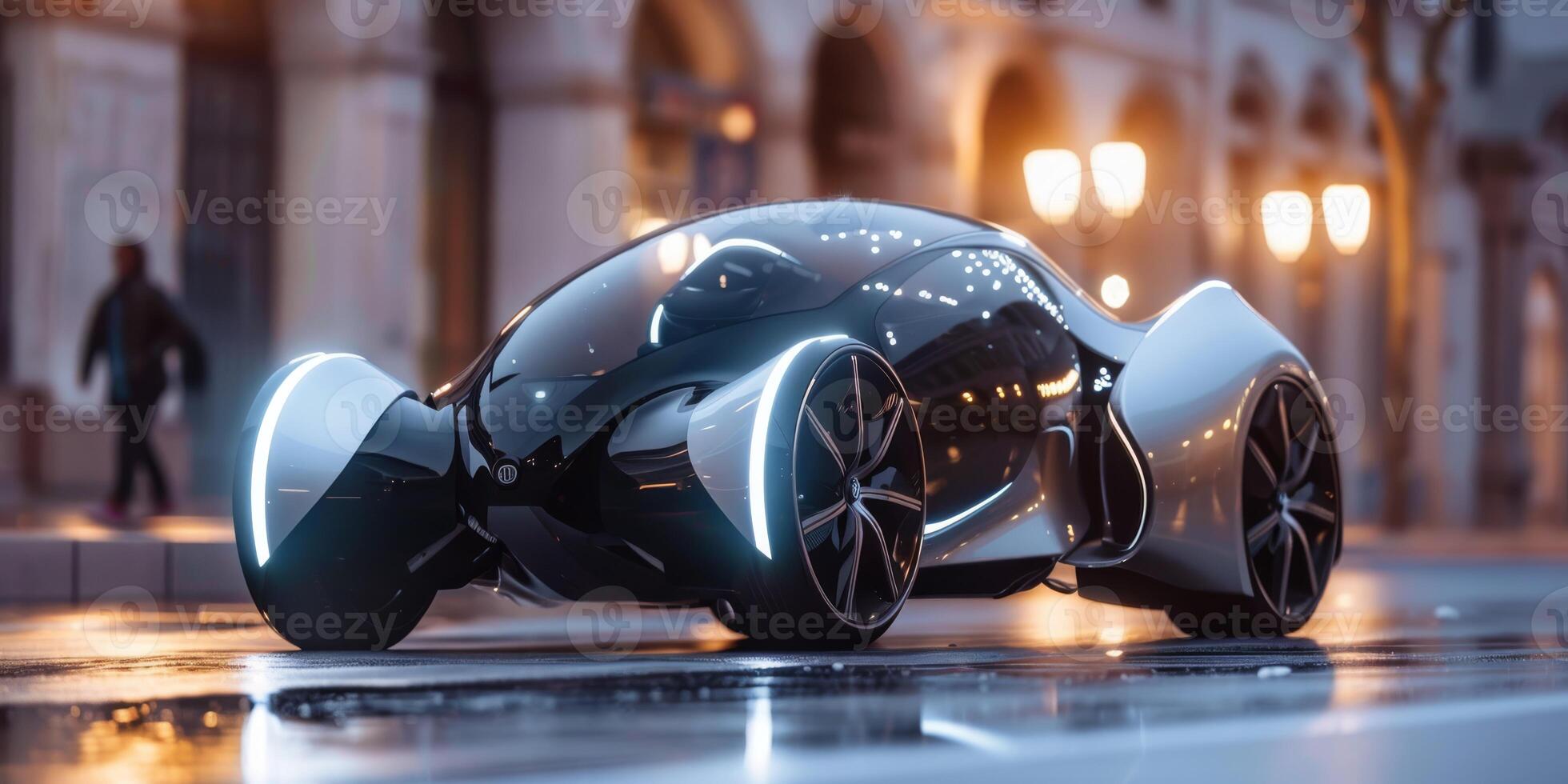 A sleek futuristic electric concept car drives on a city street at night, showcasing automotive innovation. photo