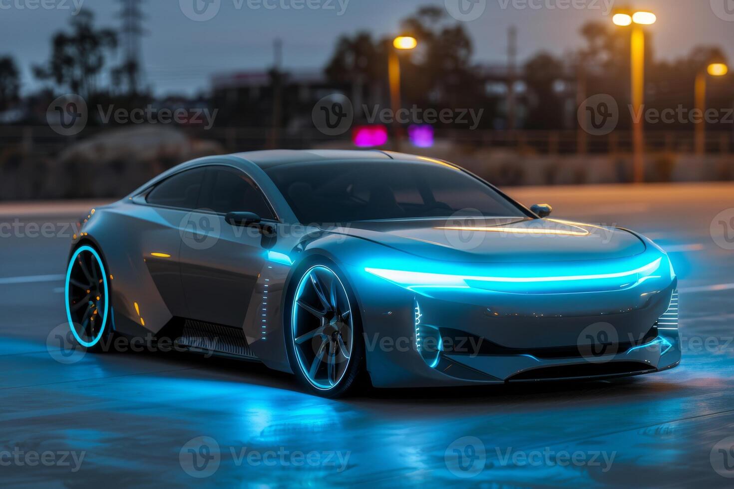 An elegant and visionary electric vehicle with neon lights in a city at night, emanating a modern and futuristic vibe photo