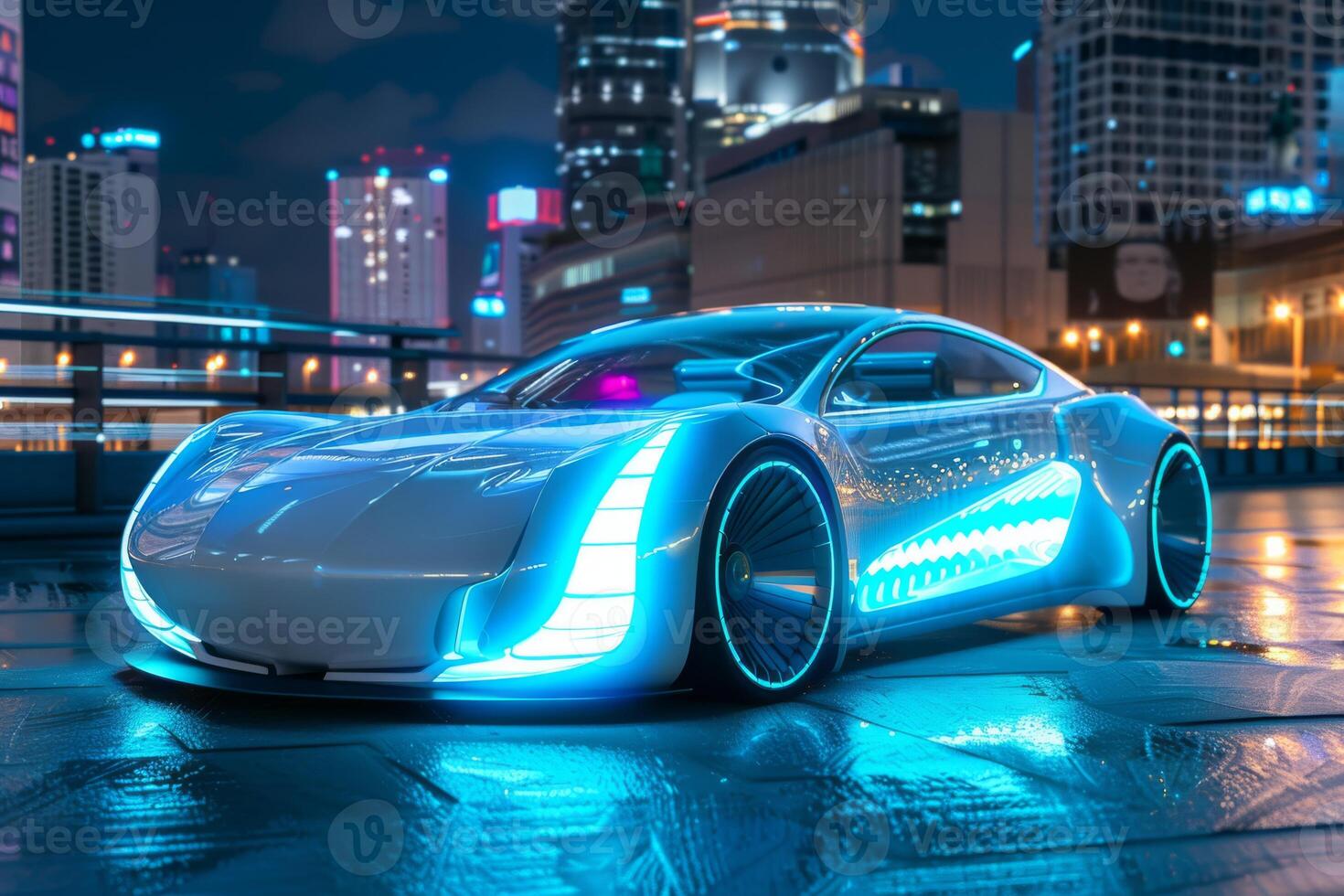 Futuristic car with LED lights in neonlit city, showcasing advanced automotive design and technology photo