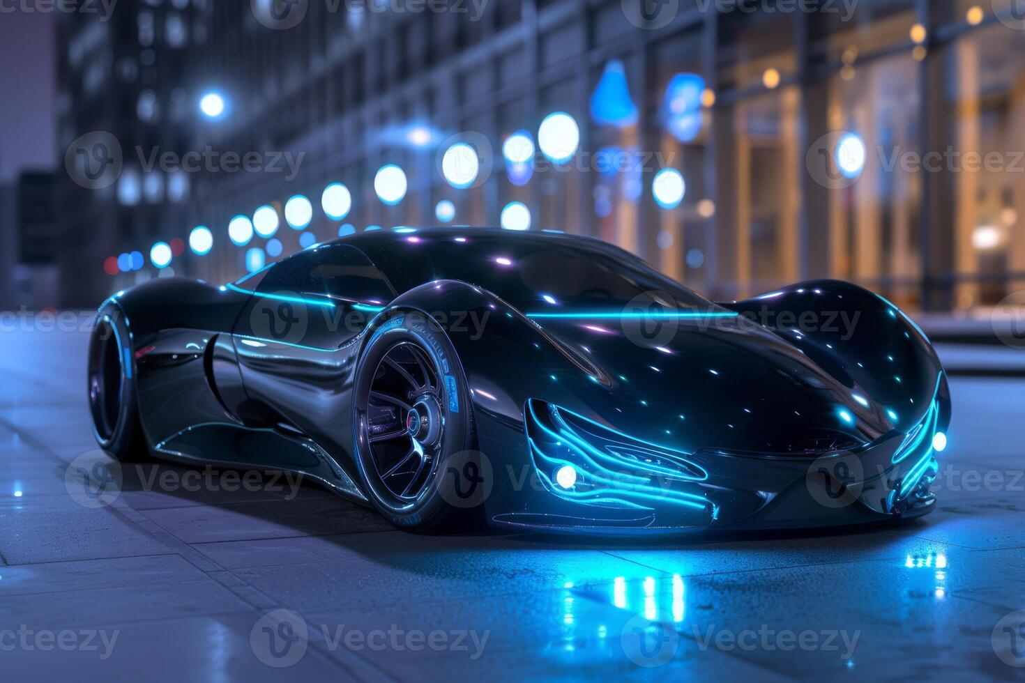An elegant and visionary electric vehicle with neon lights in a city at night, emanating a modern and futuristic vibe photo