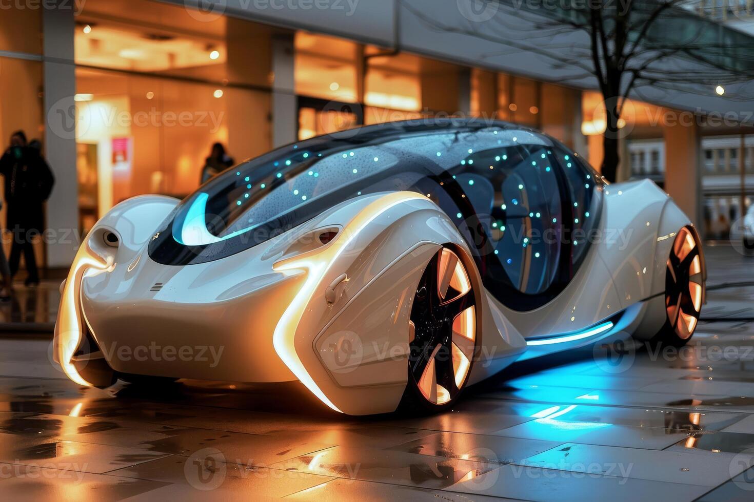Cuttingedge prototype car with sleek design in a modern city, highlighting innovation and advanced technology photo